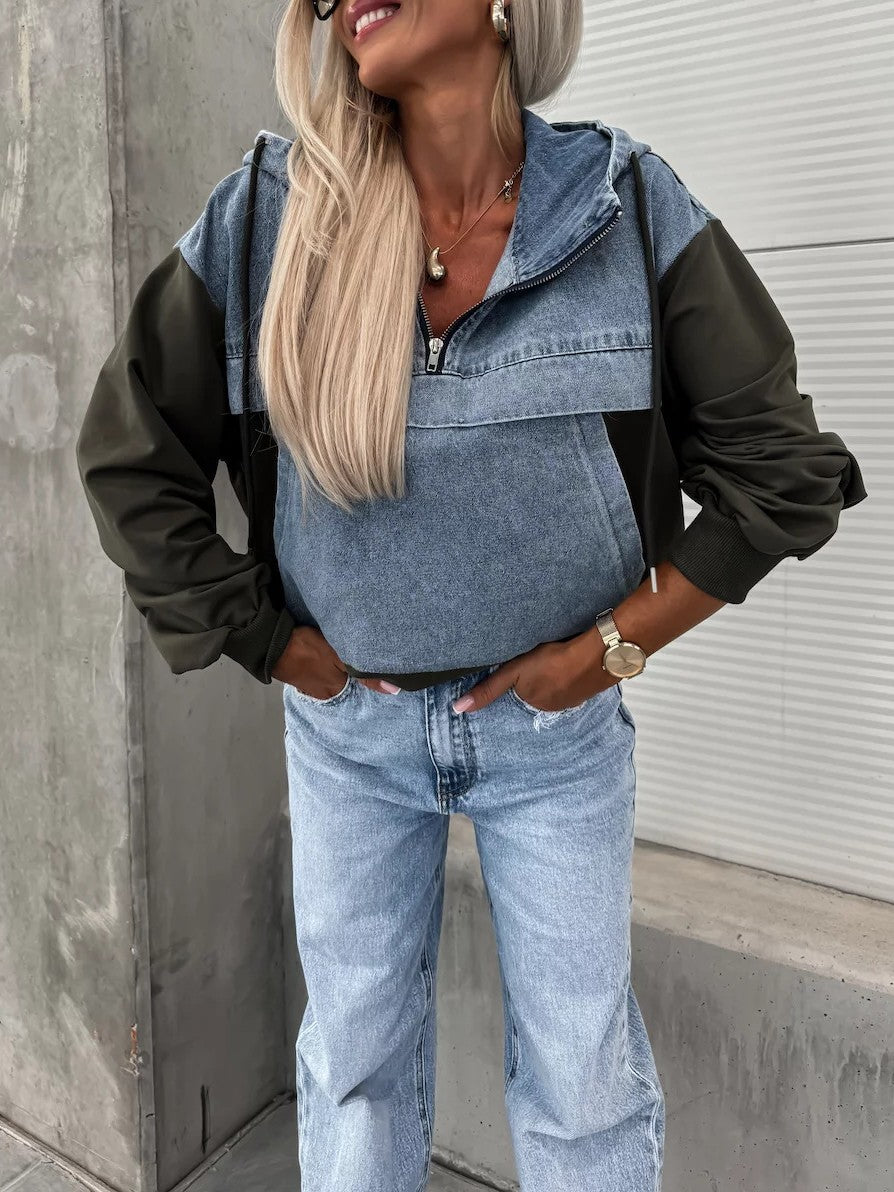 Cropped Hooded Half Zip Contrast Sleeve Sweatshirt - ArmyGreen
