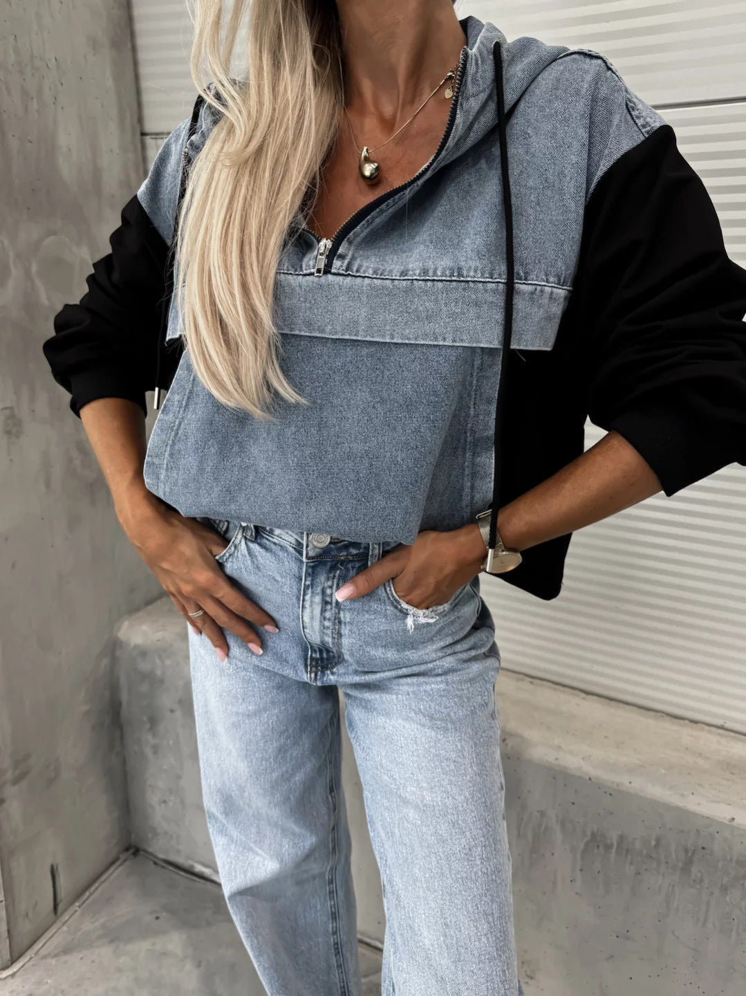 Cropped Hooded Half Zip Contrast Sleeve Sweatshirt - Black