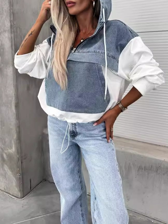 Cropped Hooded Half Zip Contrast Sleeve Sweatshirt - White