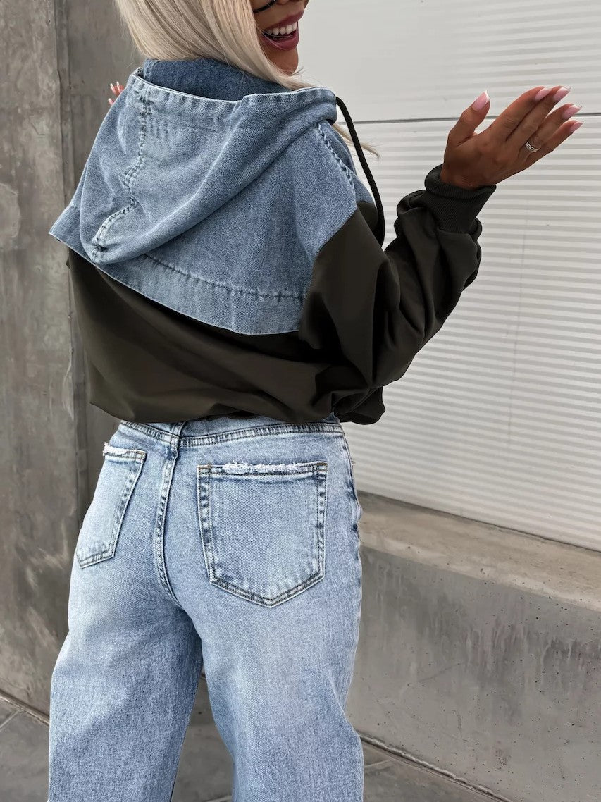 Cropped Hooded Half Zip Contrast Sleeve Sweatshirt