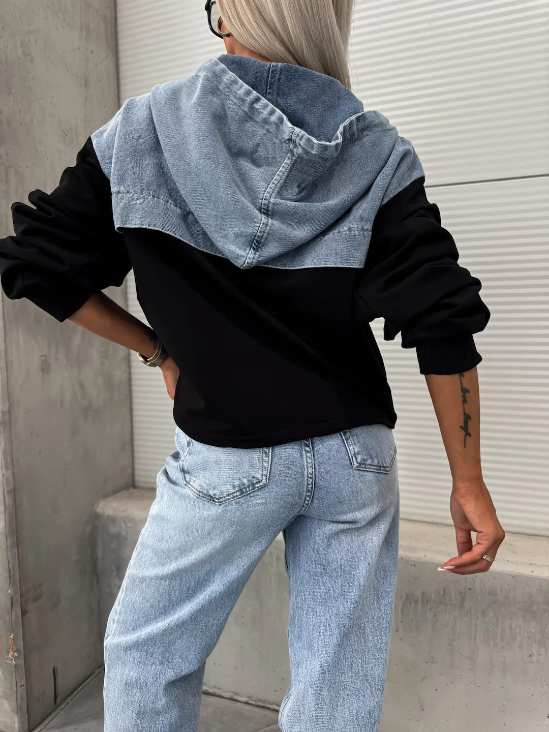 Cropped Hooded Half Zip Contrast Sleeve Sweatshirt - view 1