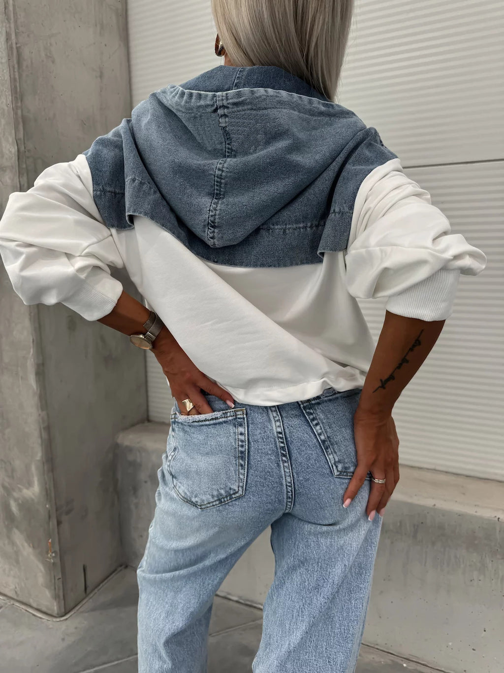 Cropped Hooded Half Zip Contrast Sleeve Sweatshirt - view 2