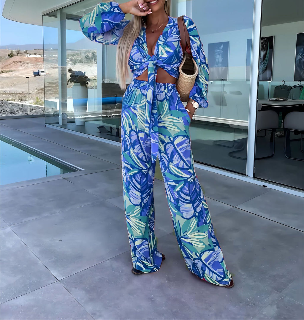 Tropical Print Tie Front Top Pant Set - Blue