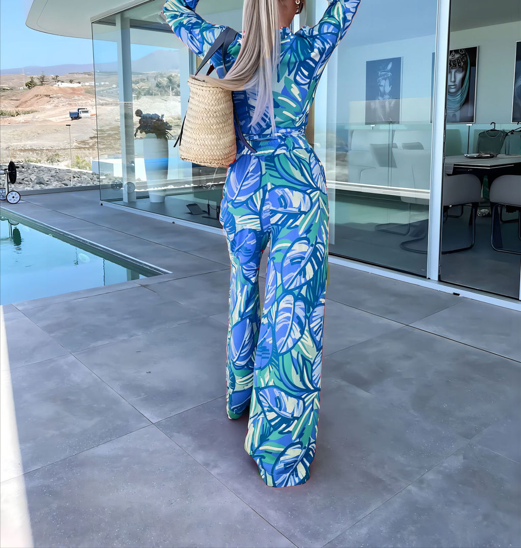 Tropical Print Tie Front Top Pant Set - Blue - 1