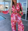 Tropical Print Tie Front Top Pant Set - Red