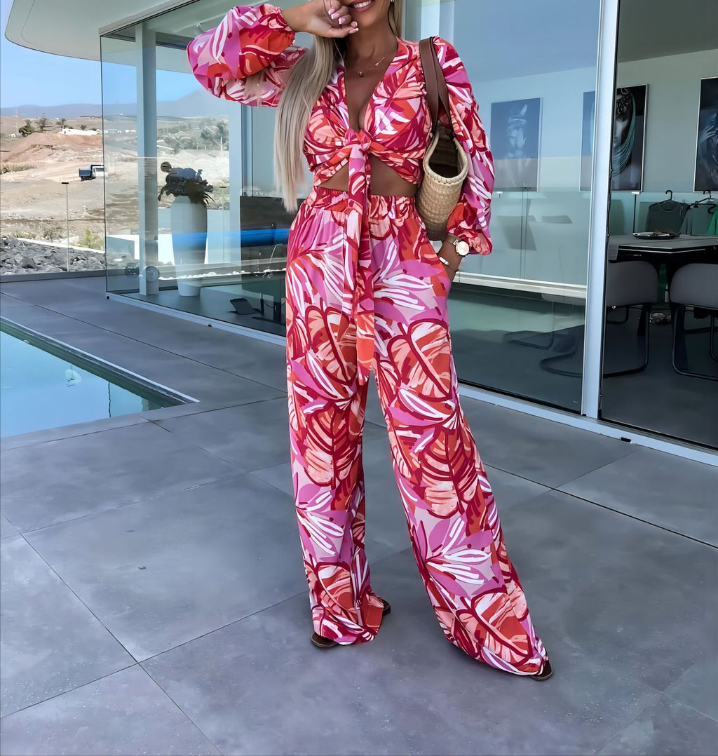 Tropical Print Tie Front Top Pant Set - Red - 1