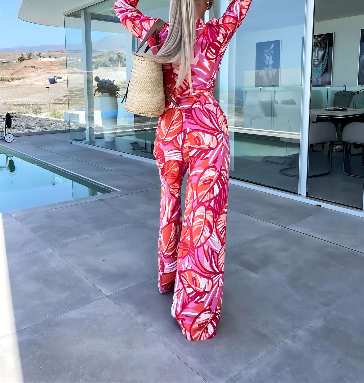 Tropical Print Tie Front Top Pant Set - Red - 2
