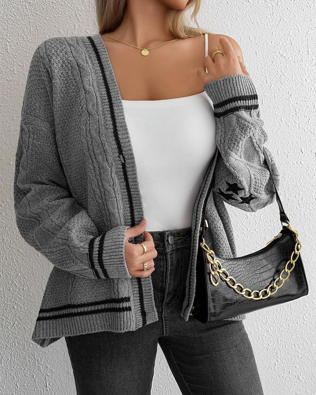 Varsity Stripe Cable Knit Star Cardigan - Gray