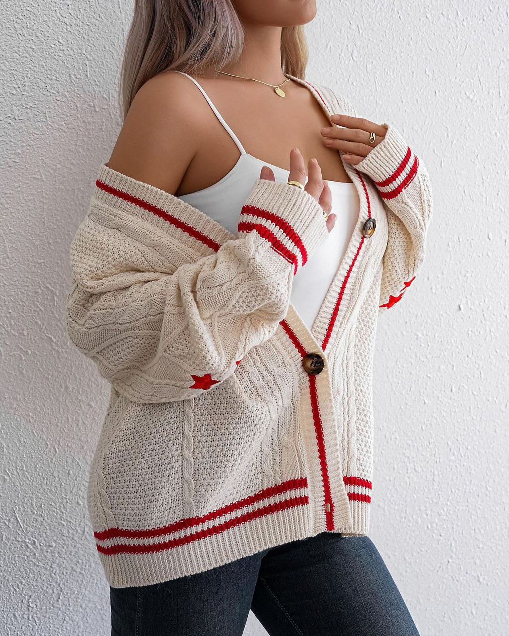 Varsity Stripe Cable Knit Star Cardigan - Red
