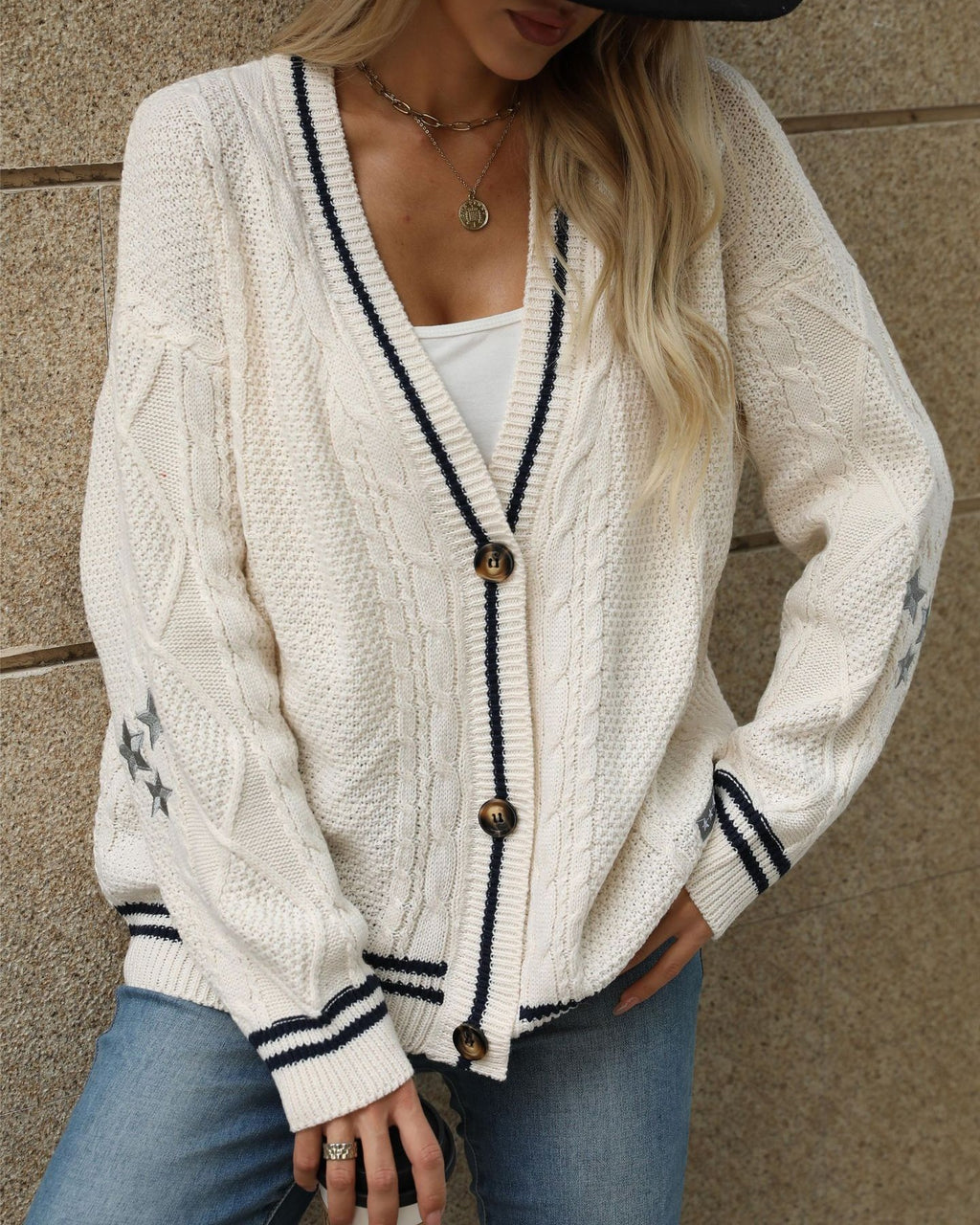 Varsity Stripe Cable Knit Star Cardigan - White