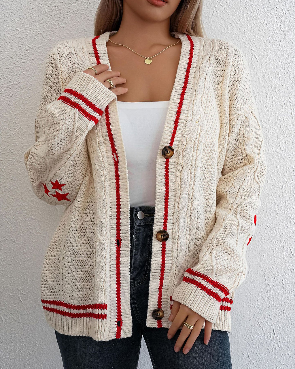 Varsity Stripe Cable Knit Star Cardigan - White - 3