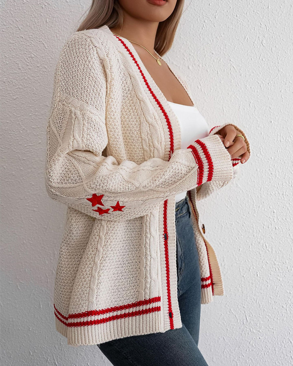Varsity Stripe Cable Knit Star Cardigan - White - 4
