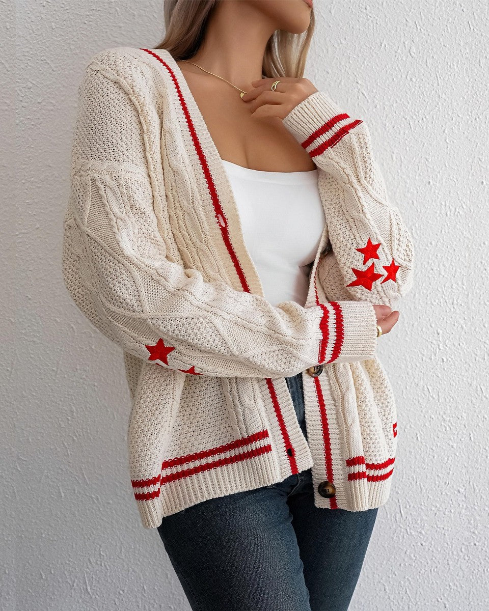 Varsity Stripe Cable Knit Star Cardigan - White - 5