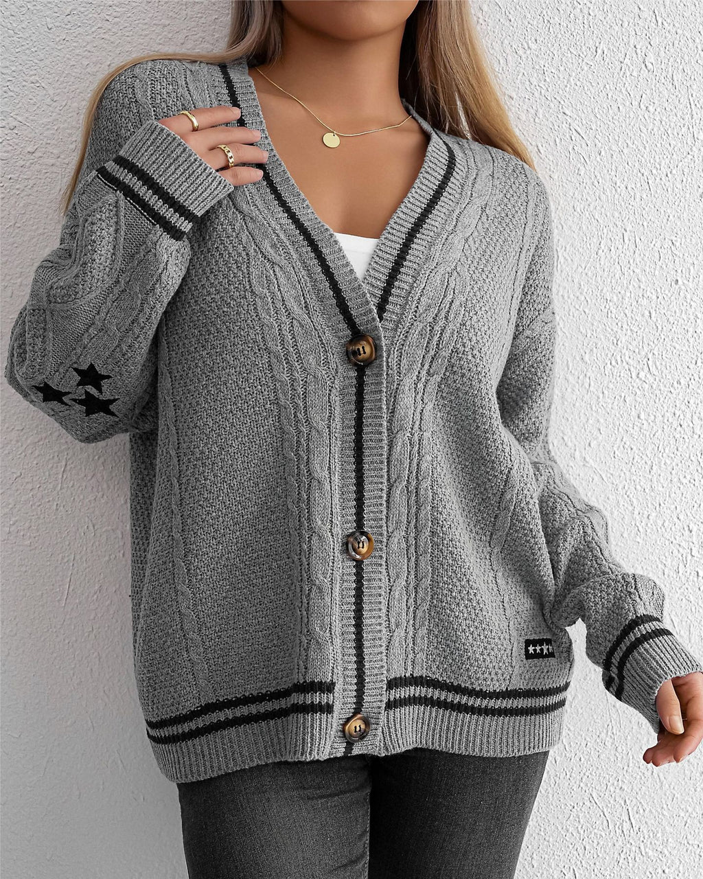 Varsity Stripe Cable Knit Star Cardigan - White - 8