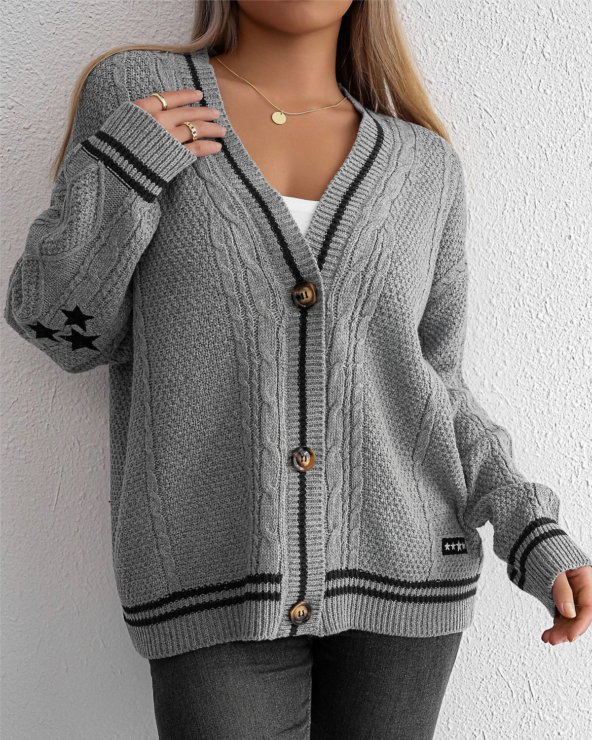 Varsity Stripe Cable Knit Star Cardigan - White - 8
