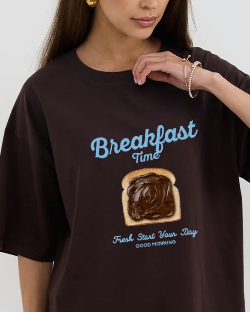 Breakfast Toast Graphic Oversized Tee - Coffee - 1