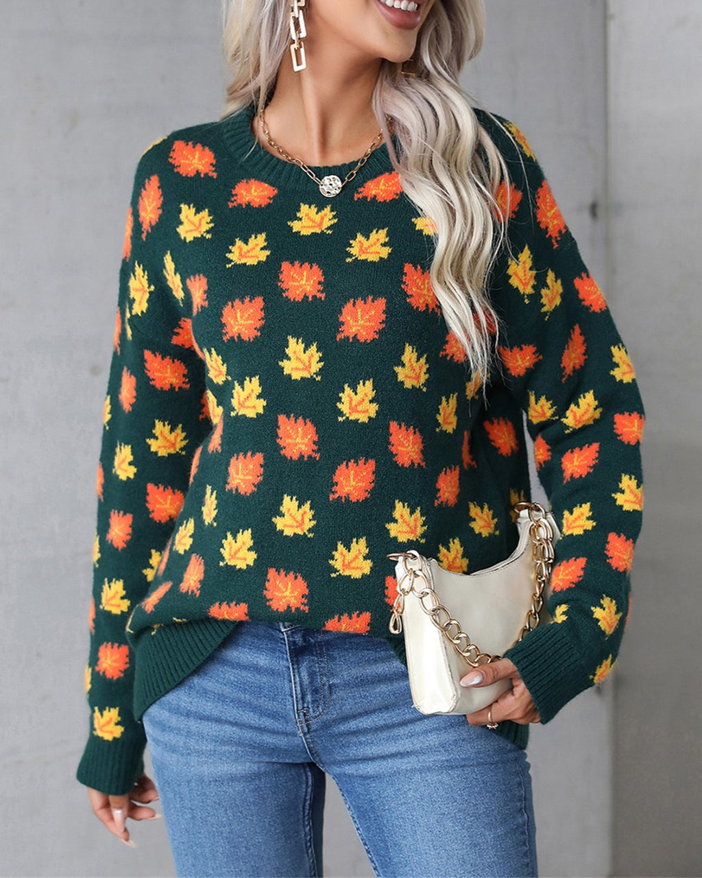 Maple Leaf Jacquard Crew Neck Sweater - DarkGreen