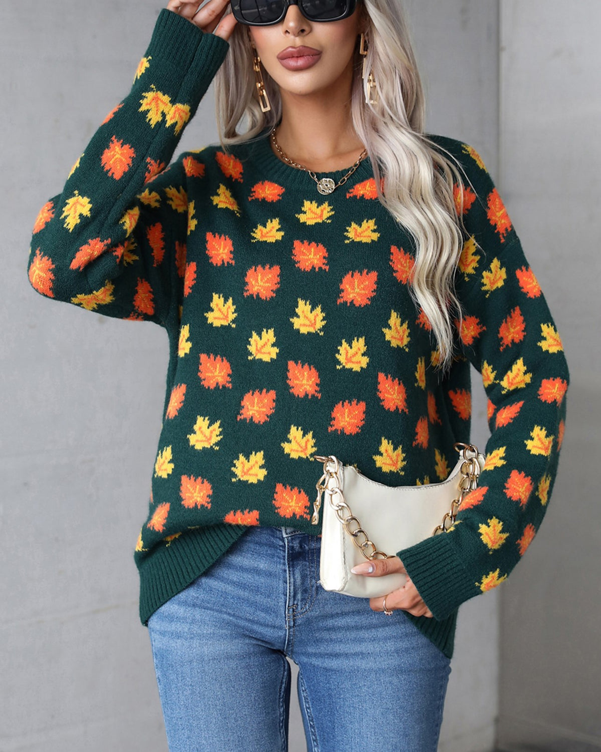 Maple Leaf Jacquard Crew Neck Sweater - DarkGreen - 1