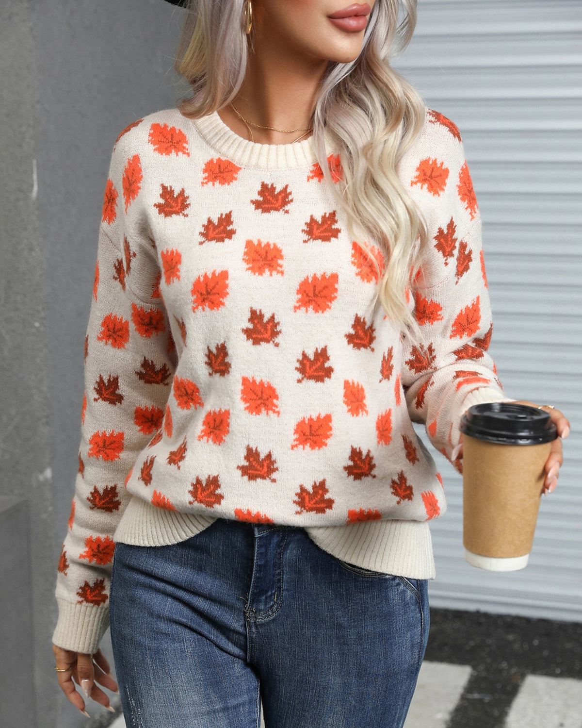 Maple Leaf Jacquard Crew Neck Sweater - RiceWhite