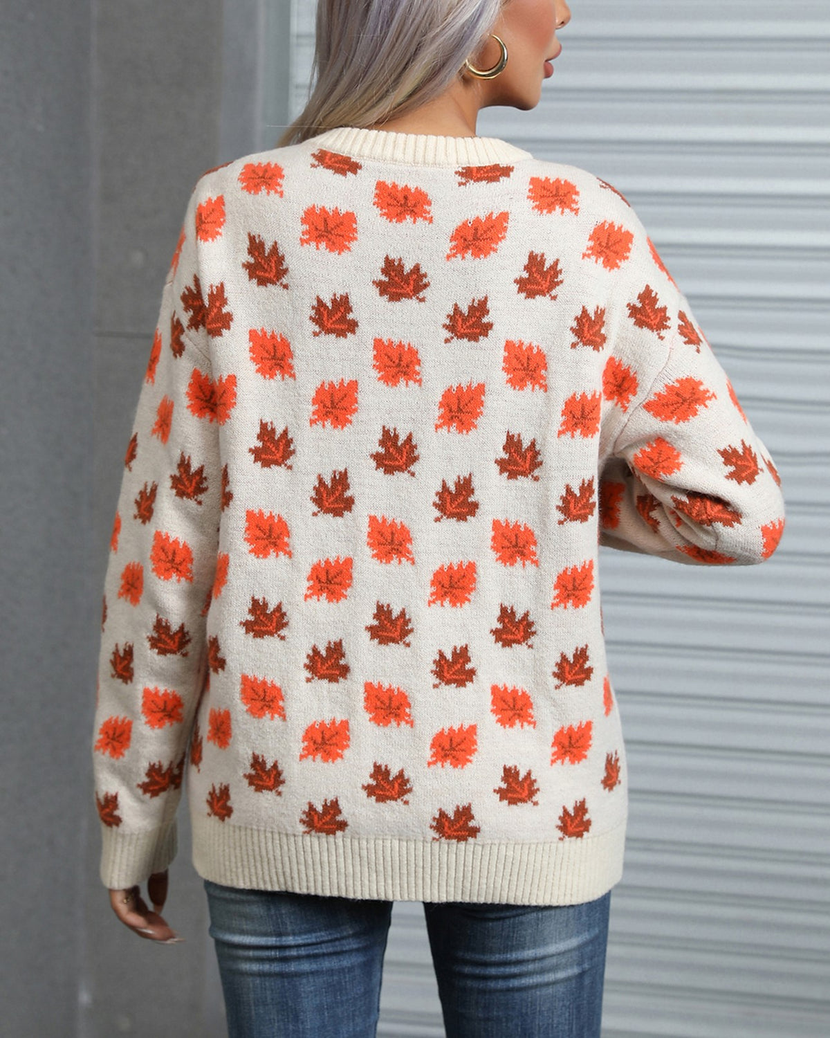 Maple Leaf Jacquard Crew Neck Sweater - RiceWhite - 3