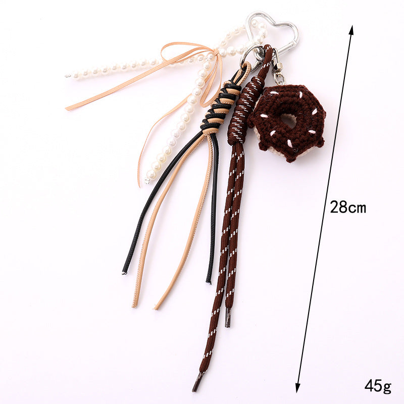 Crochet Donut Charm Tassel Keychain - Coffee