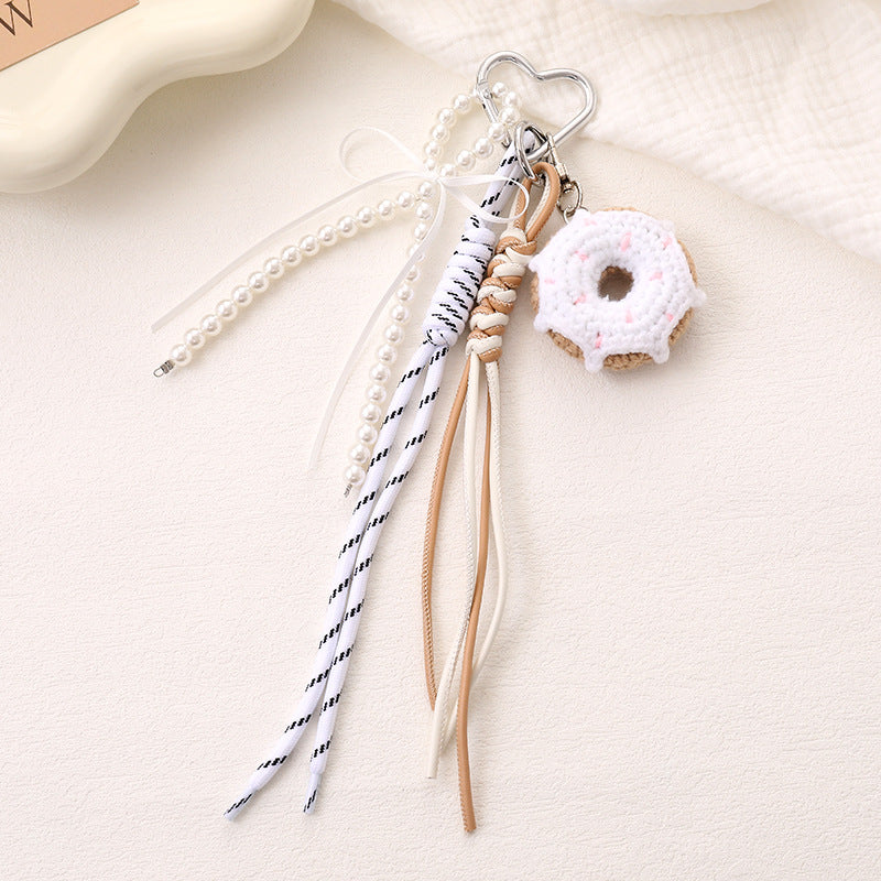 Crochet Donut Charm Tassel Keychain - White