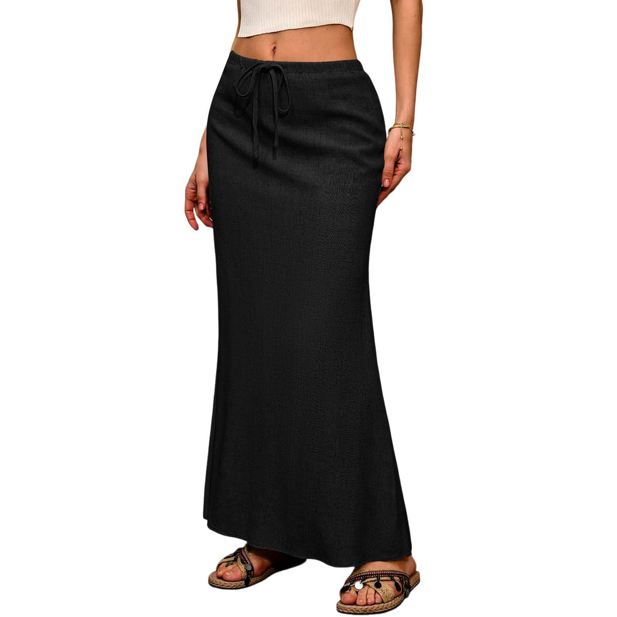 Ruched Fishtail Maxi Skirt With Side Slit - Black
