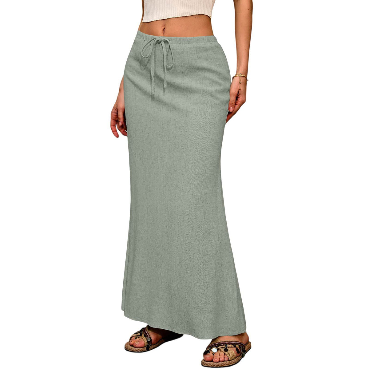 Ruched Fishtail Maxi Skirt With Side Slit - Grass