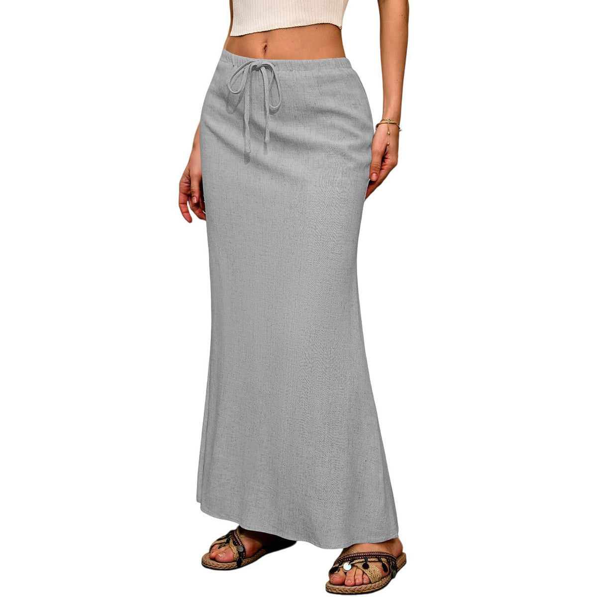 Ruched Fishtail Maxi Skirt With Side Slit - Gray