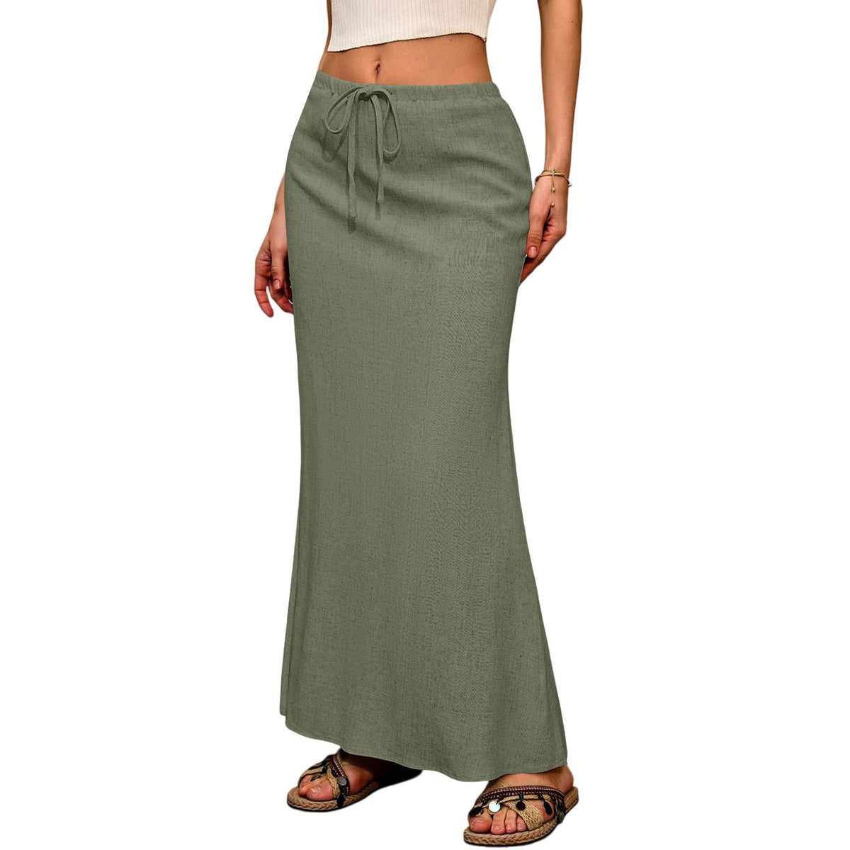 Ruched Fishtail Maxi Skirt With Side Slit - Green