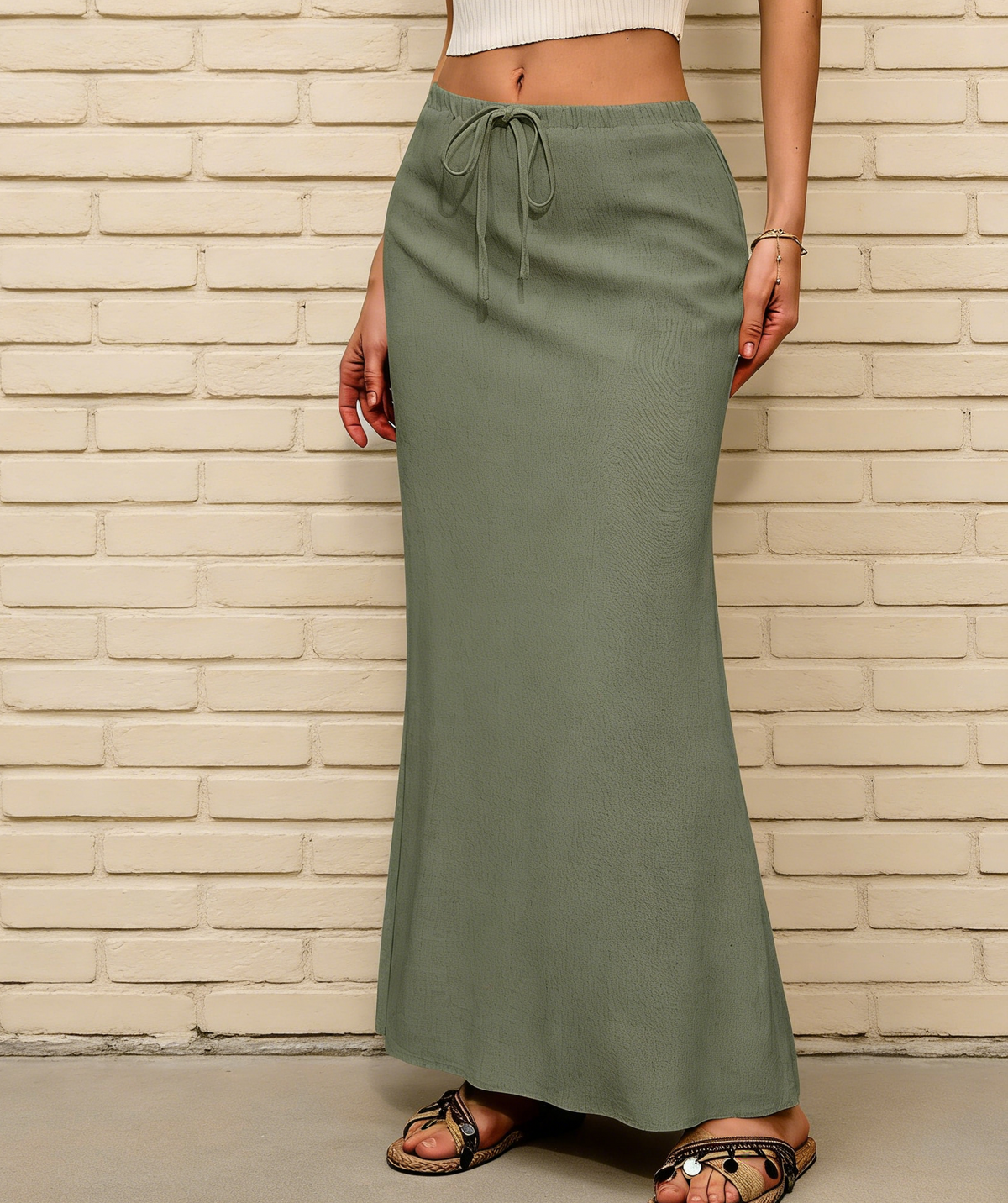 Ruched Fishtail Maxi Skirt With Side Slit - Green - 1