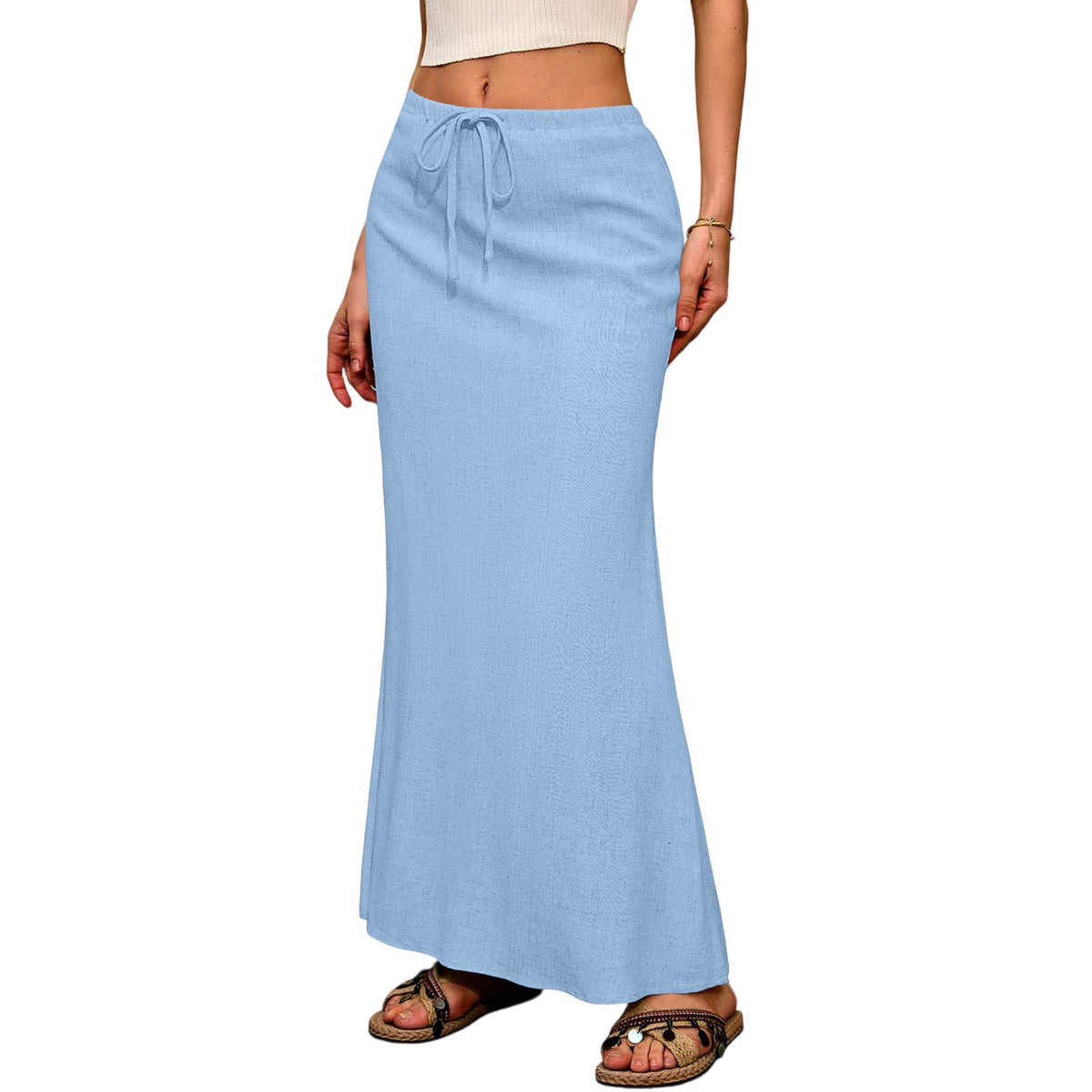 Ruched Fishtail Maxi Skirt With Side Slit - SkyBlue