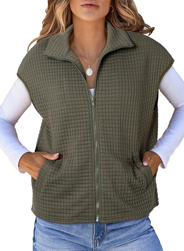 Waffle Knit Zip Front Sleeveless Vest Jacket - ArmyGreen