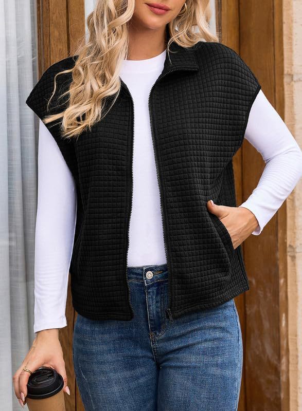 Waffle Knit Zip Front Sleeveless Vest Jacket - Black