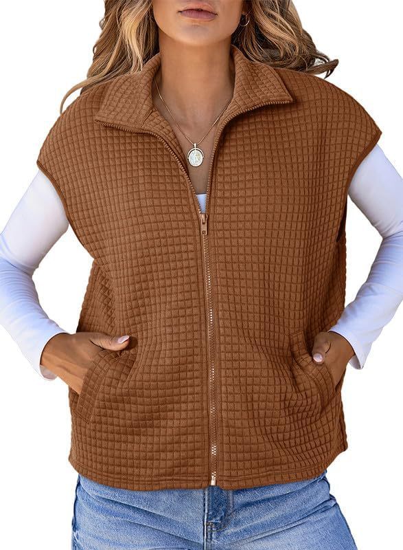 Waffle Knit Zip Front Sleeveless Vest Jacket - Caramel
