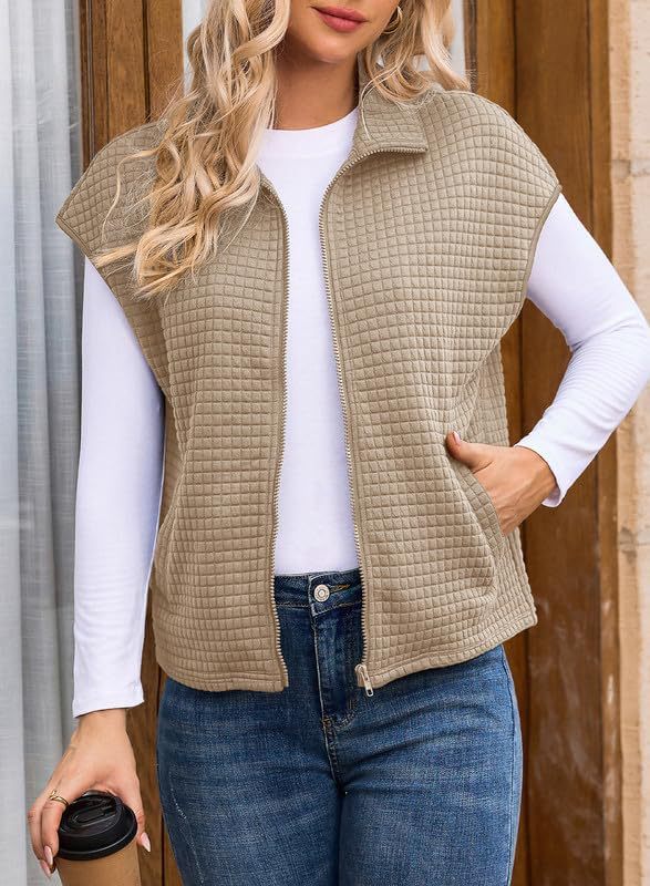 Waffle Knit Zip Front Sleeveless Vest Jacket - Khaki