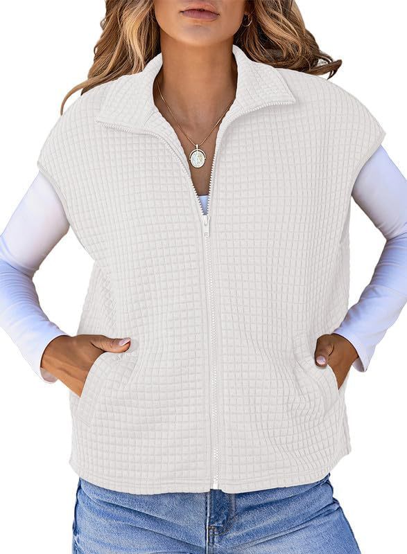 Waffle Knit Zip Front Sleeveless Vest Jacket - White