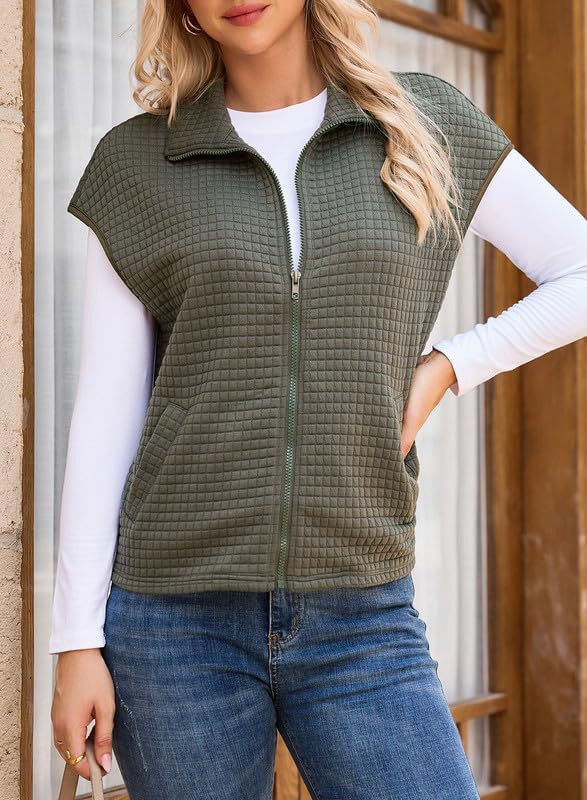 Waffle Knit Zip Front Sleeveless Vest Jacket