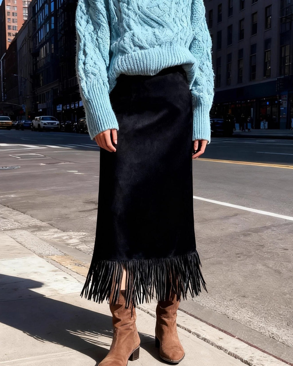 Fringed Faux Suede Midi Pencil Skirt - Black