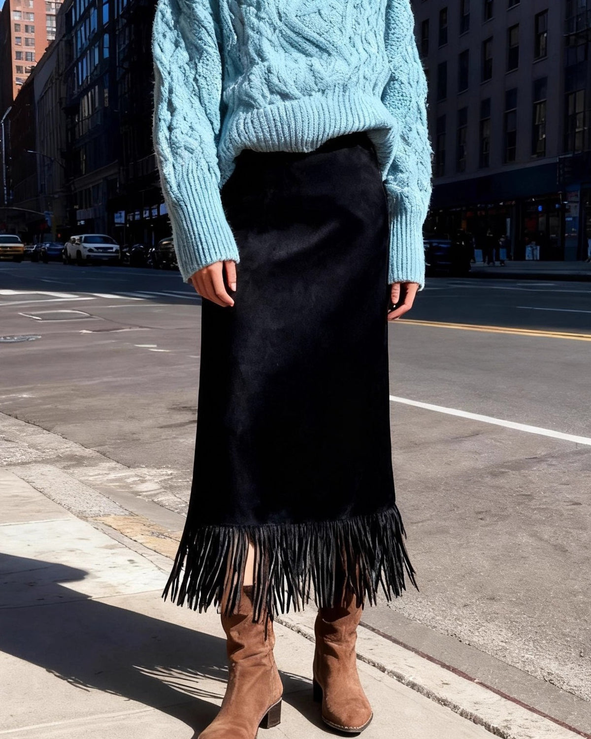 Fringed Faux Suede Midi Pencil Skirt - Black