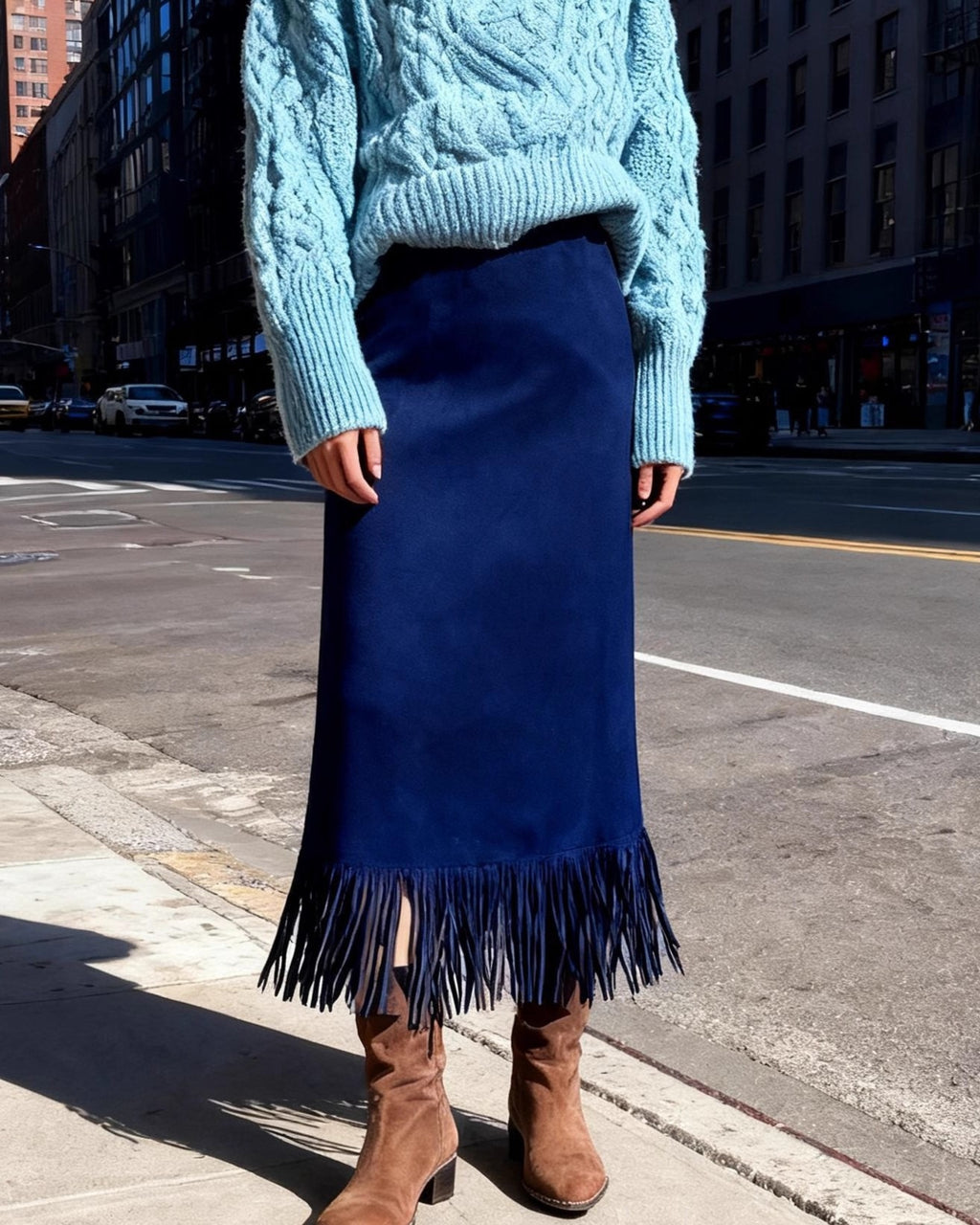 Fringed Faux Suede Midi Pencil Skirt - Dark-Blue