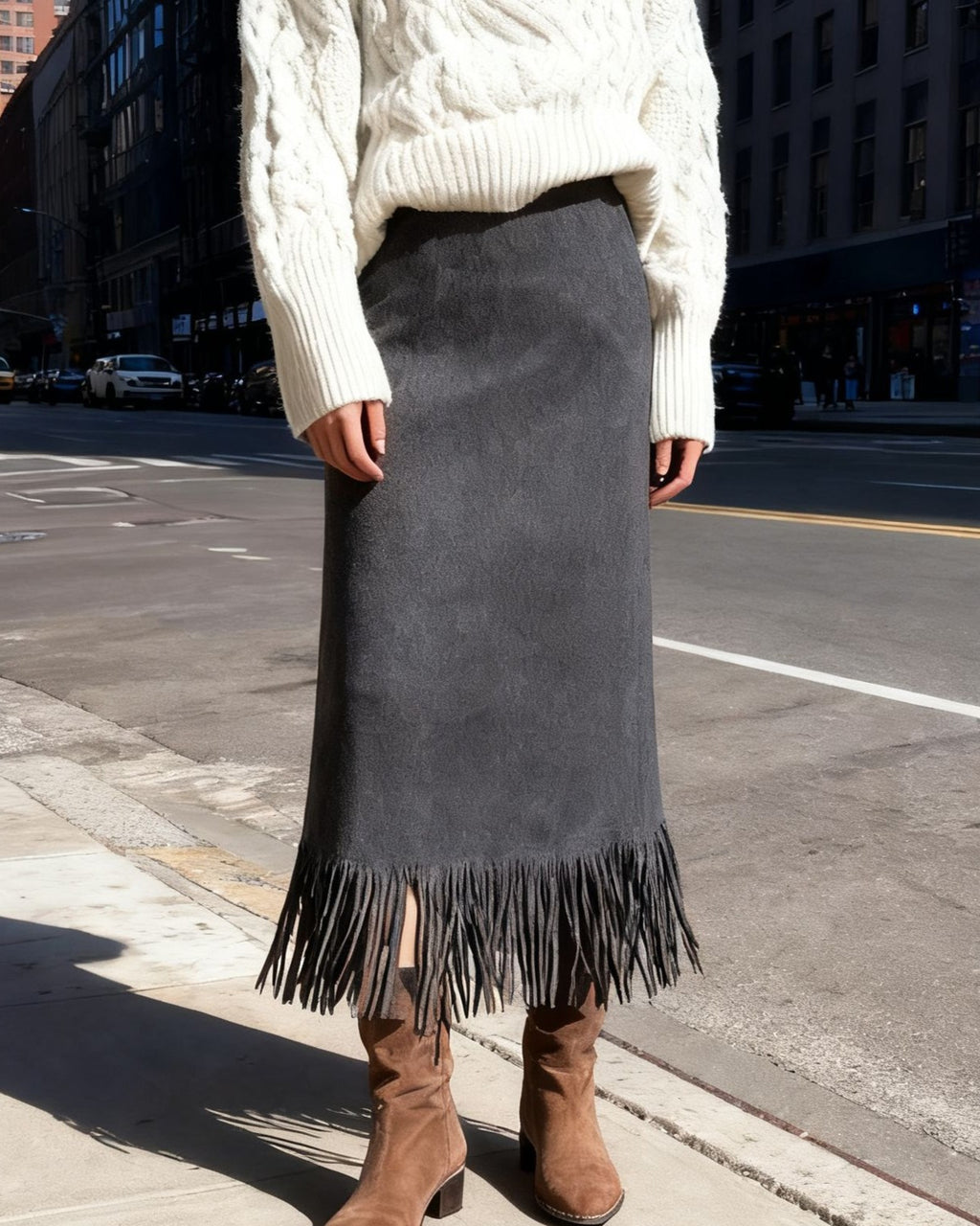 Fringed Faux Suede Midi Pencil Skirt - Dark-Gray