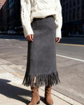 Fringed Faux Suede Midi Pencil Skirt - Dark-Gray