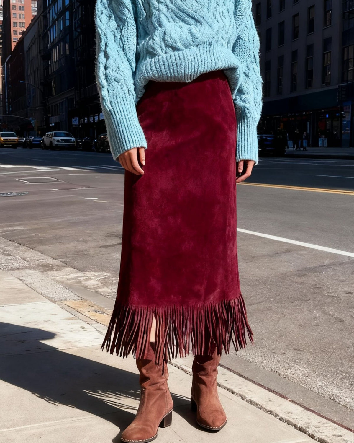 Fringed Faux Suede Midi Pencil Skirt - DeepRed