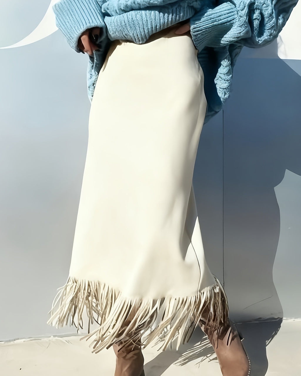 Fringed Faux Suede Midi Pencil Skirt - Off-White