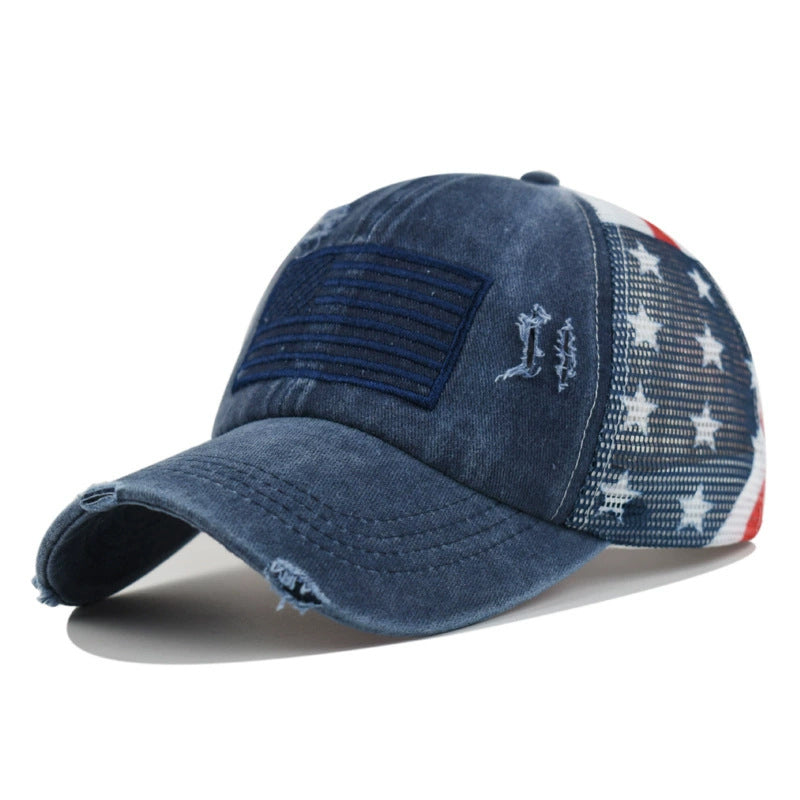 Washed Ponytail Trucker Hat with Flag Patch - Nany