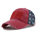 Washed Ponytail Trucker Hat with Flag Patch - Red