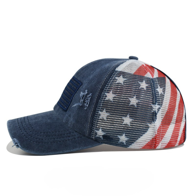 Washed Ponytail Trucker Hat with Flag Patch