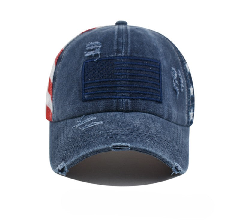 Washed Ponytail Trucker Hat with Flag Patch - view 2