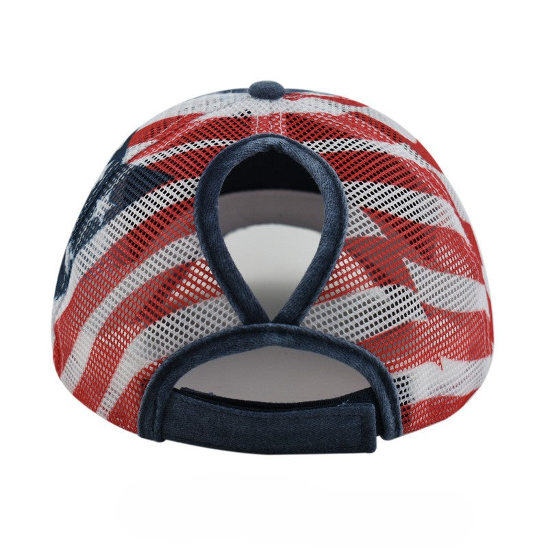 Washed Ponytail Trucker Hat with Flag Patch - view 3